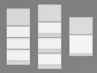 There are three types of quarterly wall calendars: a calendar with three advertising fields, a calendar with one advertising field and a 3 in 1 calendar. Mockup. 3D rendering.