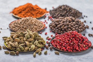 mix of aromatic coriander, black, red peppercorn,  paprika in white cups on gray concrete background . Healthy food.Bowls with various spices on white background