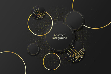 Abstract black color overlapping circle illustration on black background with luxury gold glitter dots.
