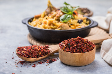 Heaps of Georgian ground spices for pilaf. Spices ingredients for cooking.