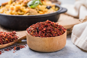 Heaps of Georgian ground spices for pilaf. Spices ingredients for cooking.