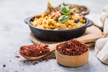 Heaps of Georgian ground spices for pilaf. Spices ingredients for cooking.