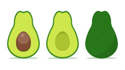 Set of fresh avocado isolated on white background. Whole and cut in half with seed fruit avocados. Healthy food symbol. Template design for food concept.