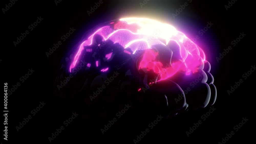 Poster rotating brain model with neural network iridescent impulses showing brainstorming neuronal activity