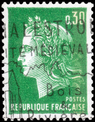 Postage stamp issued in the France with the image of the Marianne of Cheffer, circa 1969