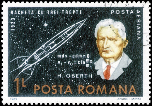 Postage stamp issued in the Romania with the image of the Hermann Oberth. From the series on Space Research, circa 1983