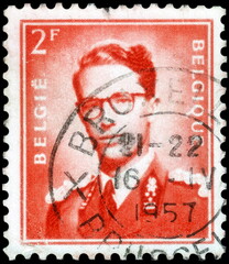 Postage stamp issued in Belgium the image of the King Baudouin I, 1930-1993. From the series on King Baudouin Type Marchand, 1953
