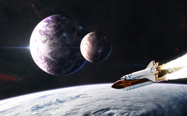 Deep space planets. Space shuttle orbiting planet. Science fiction. Elements of this image...