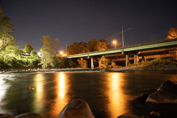 Time Lapse Photo at night of Clackamas River and I-205 Bridge in Gladstone, Oregon
