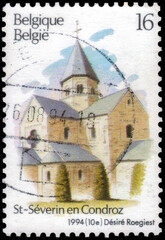 Postage stamp issued in Belgium with the image of the St-Severin en Condroz. From the Tourism series,  1994