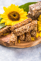 Kozinaki with seeds, nuts, with honey. Useful snacks. Fitness nutrition, nutritious snack, energy bar.