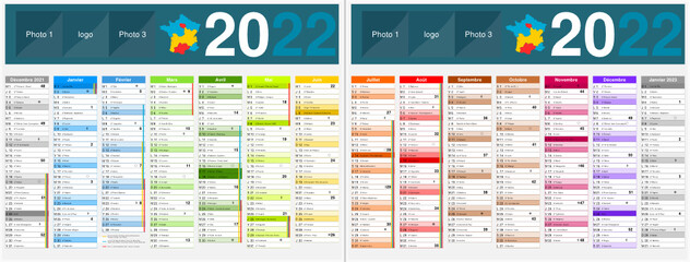 Calendrier 2022 14 mois avec vacances scolaires officielles au format 320 x 420 mm recto verso entièrement modifiable via calques et texte arial	