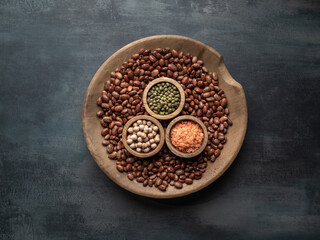 Bowl of various dried legumes. Food background. Overhead shot.