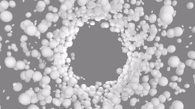 Particles attract to central empty hole and spin around. Vortex motion of spheres around blank space for logo. White ball rotate and bounce on a transparent background. 4k UHD alpha