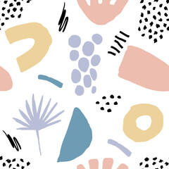 Abstract seamless pattern in trendy style with botanical and geometric elements, textures. Trendy pastel colors. 