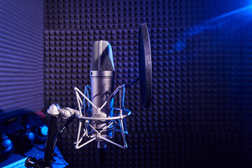 Professional microphone close-up on the background of recording studio