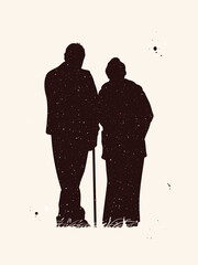 Elderly couple. Old people abstract silhouette. Night starry sky