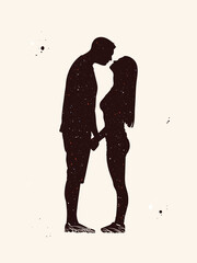 Kissing couple. Lovers abstract silhouette. Night starry sky