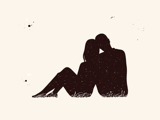Sitting people abstract silhouette. Couple of lovers. Night starry sky