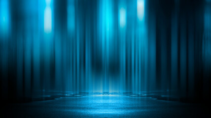 Light effect, blurred background. Wet asphalt, night view of the city, neon reflections on the concrete floor. Night empty stage, studio. Dark abstract background, dark empty street. Night city.