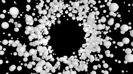 Particles attract to central empty hole and spin around. Vortex of spheres around blank space for logo. White balls rotate and bounce on a black background. 3d render illustration.