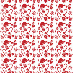 seamless pattern containing red Christmas and New Year attributes on white background