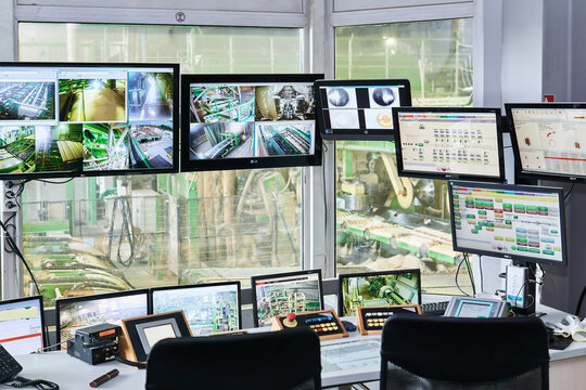 Perm, Russia - August 12, 2020: remote control room of a modern automated sawmill, focus on equipment outside the window