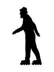 Silhouette senior man grandpa skating on roller skates. Active grandfather.