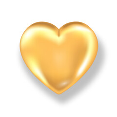Golden shiny 3d heart with shadow isolated on white background. Valentines day glossy gold metal heart. Realistic vector illustration of love symbol. Romance decoration object