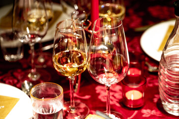 Wine Glasses and Elegant Christmas Dinner Table Decoration