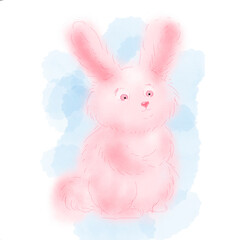 Obraz premium Сartoon rabbit. Pink fluffy small rabbit. Rabbit on a white background, print on a T-shirt and children`s clothes, a picture on the wall.