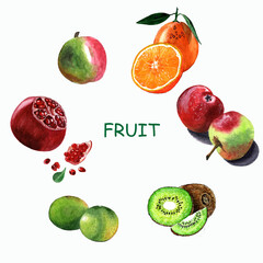 Watercolor hand-drawn illustration, a set of different fruits whole and sliced.