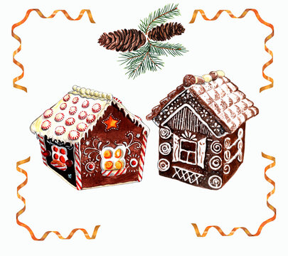 Handmade watercolor drawing of Christmas gingerbread houses and fir branches with cones. Bright, delicious and festive illustration for decorating pastry shops, cafes, postcards.