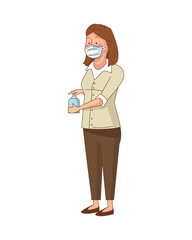 woman wearing medical mask with antibacterial bottle character
