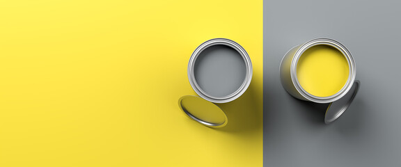 Paint pots in the colors of the year 2021 Illuminated Yellow and Ultimate Gray. Both colors also...