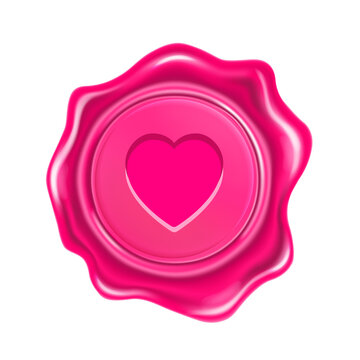 Pink wax seal with heart isolated on transparent background. Realistic round retro stamp for postcard, love letter, gift certificate or wedding invitation card. Vector illustration. Concept of love