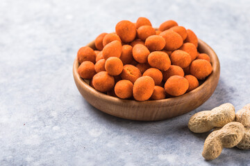peanuts snack for beer, wine, party bar. Salted peanuts, in red spicy chilli glaze