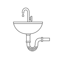 Sink vector icon. Sink with blocked pipe. Clog in pipe. Drain cleaning thin line icon.