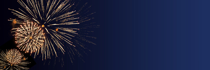 Blue Happy New Year background with golden fireworks - obrazy, fototapety, plakaty