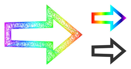 Spectral colored network arrow right, and solid spectral gradient arrow right icon. Crossed carcass flat net abstract symbol based on arrow right icon, is created with crossed lines.