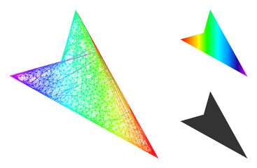 Spectrum colored net mesh arrowhead right-down, and solid spectrum gradient arrowhead right-down icon. Hatched carcass 2D net abstract symbol based on arrowhead right-down icon,