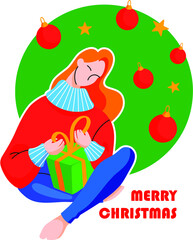 red-haired girl sits with a gift in her hands under the tree. lettering merry christmas