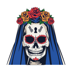 traditional mexican katrina skull with roses and blue hair head