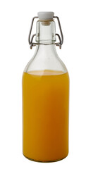 orange juice in glass bottle closed with reusable stopper isolated on white background