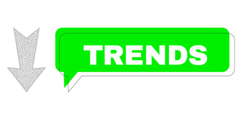 Shifted Trends green message balloon and arrow down mesh model. Vector flat arrow down, designed with flat mesh. Green conversation contains Trends caption inside black frame, and color bubble.