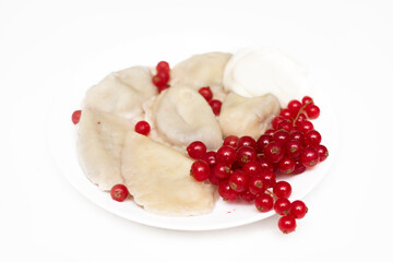 Delicious dumplings with fresh red currants and sour cream, served with sour cream, whipped cream, berries and sugar or sauce. On a white plate, table. Close-up photo