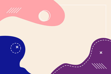 Memphis vintage style. Beige background template. Cover layout. Сolored liquid spots. Blue pink violet.