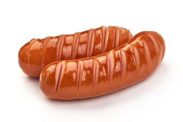 Fried pork sausages, isolated on white background