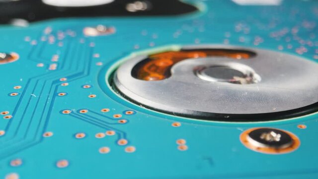 Extreme close-up of hard drive microchips.
