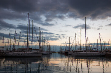 Sunset view of yacht parking in marina in Athens, Greece